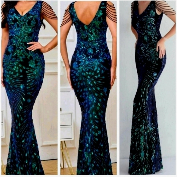 Dresses & Skirts - Dark Green, Floral, Sleeveless, V Neck, Contrast Sequined Mermaid Max…